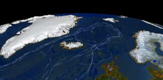 Satellite view of North Atlantic with ocean current paths