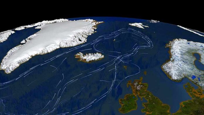 shutterstock_1325793698 Satellite view of North Atlantic with ocean current paths