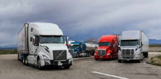 Semi trucks parked at a rest area under cloudy sky
