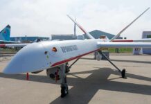 Drone Scare Freezes Zelenskyy’s Takeoff Unmanned aerial vehicle on display at an airshow