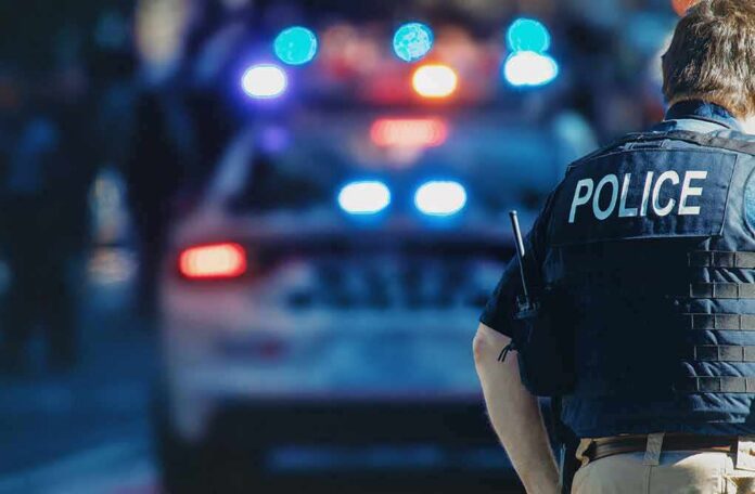 police officer in vest near patrol car with flashing lights