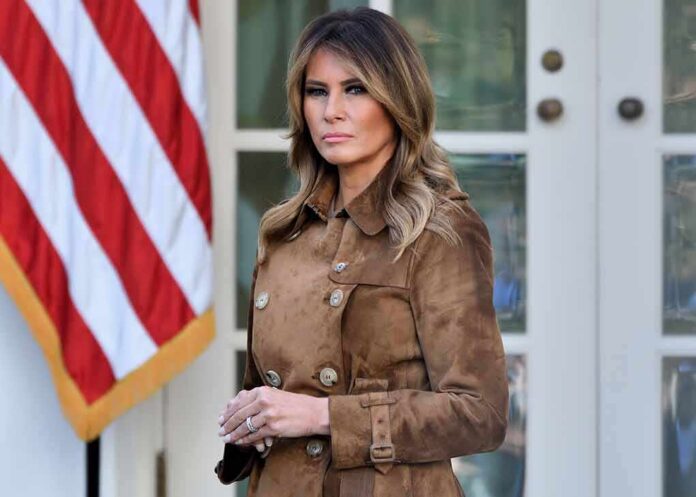 Melania Trump standing in a brown suede coat near an American flag
