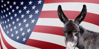 Insider Leaks Spark Party Jump Donkey in front of an American flag
