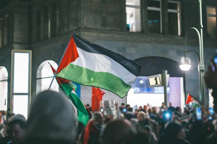 shutterstock_2435724493 Palestinian flag waved at a nighttime street protest