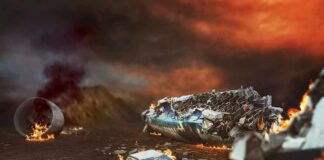 Airplane wreckage burning on a dark landscape