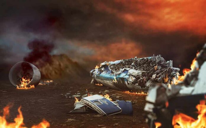 Airplane wreckage burning on a dark landscape