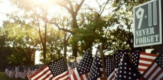 California Campus 9/11 Tribute Defaced American flags displayed outdoors at a memorial