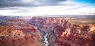 Grand Canyon with river winding through layered red cliffs