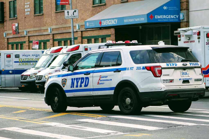 Police car and ambulances outside emergency room entrance.