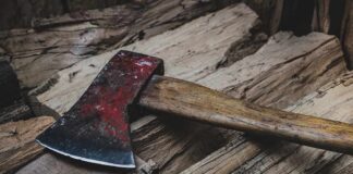 Grisly Bedroom Scene Shocks L.A. Court Hatchet with red head resting on split firewood