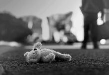 Surrogacy Mansion Horror Unleashed Stuffed toy lying on pavement in black and white