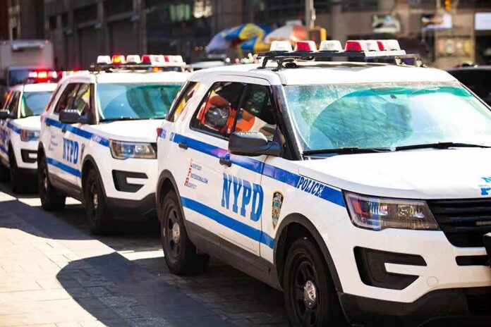 NYPD police SUVs parked in a row on a city street