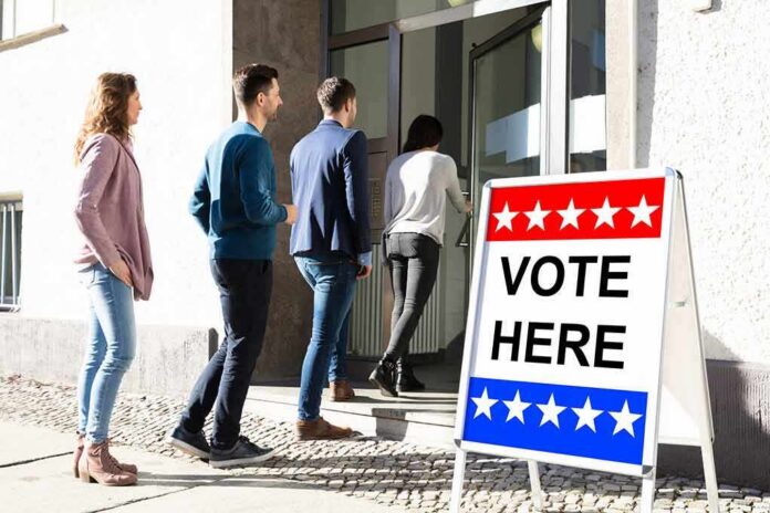 shutterstock_1389236000 voters lining up at a polling place entrance