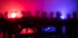 Police car light bar flashing red and blue at night