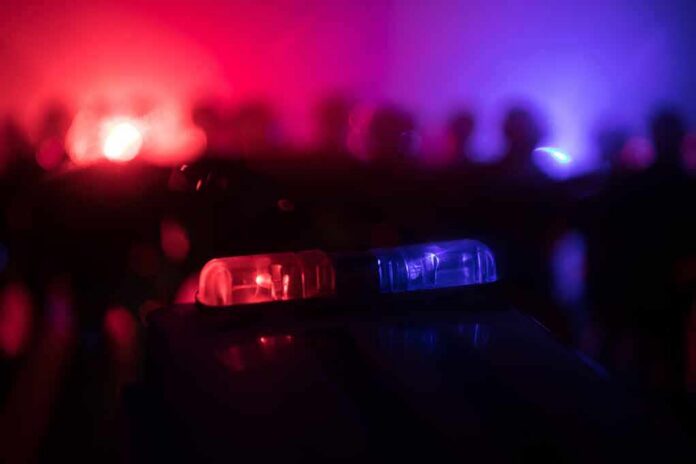 Police car light bar flashing red and blue at night