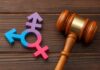 Wooden gavel beside multicolored transgender symbol
