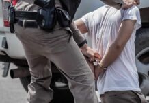 police officer handcuffing a person beside a vehicle