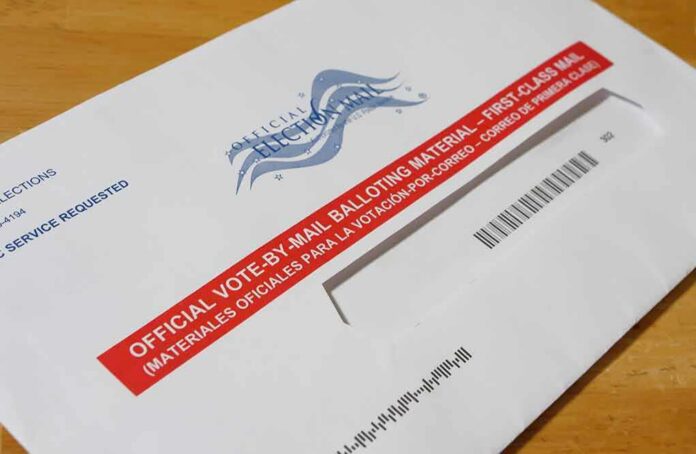 Mail-in ballot envelope with red label on wooden table