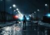 Silhouetted person walking on a wet, snowy street at night