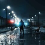 Silhouetted person walking on a wet, snowy street at night