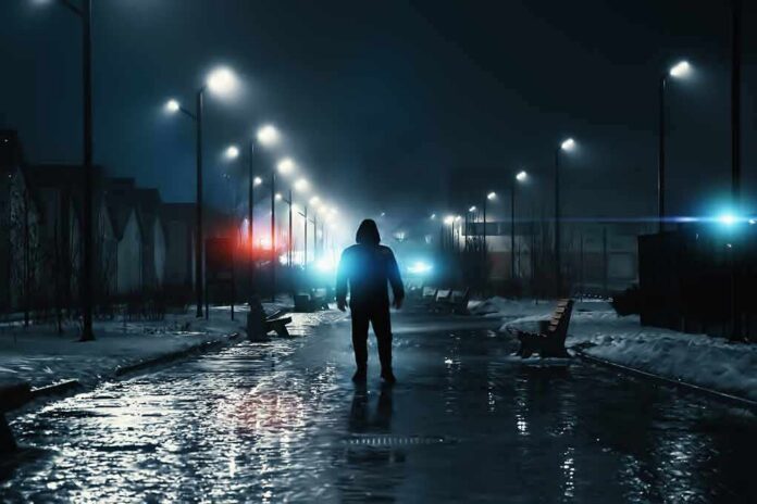Silhouetted person walking on a wet, snowy street at night