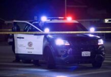 LAPD Probes Shocking Onboard Killing Police SUV with flashing lights at night behind yellow tape