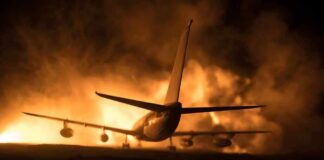 Chilling Houthi Ultimatum Targets Airports Airplane on runway with large fire and smoke at night