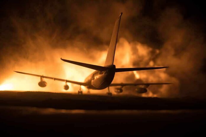 shutterstock_2063095346 Airplane on runway with large fire and smoke at night