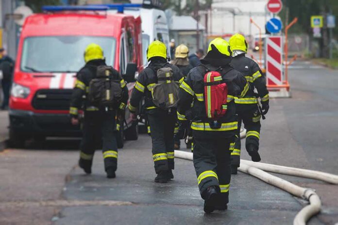 shutterstock_2358506065 Firefighters walking toward a scene with hoses and a red emergency van