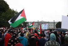 Mass Yemen Uprising Rattles Saudi Grip Crowd holding flags and signs outside a fenced government building