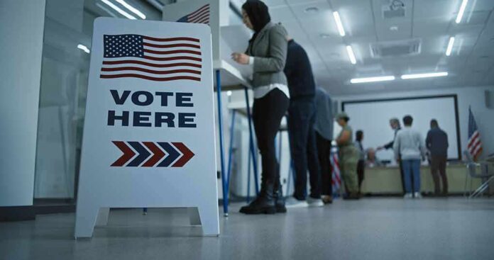 shutterstock_2451104599 Vote here sign at a polling station with people in line
