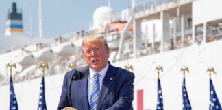 Cheap Diesel Unleashed – Prices Next? Donald Trump speaking at a podium with American flags and a ship in the background