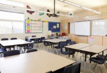 Costly Climbdown Over Flyer Ban Empty classroom with tables, chairs, and a whiteboard