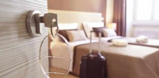 Luxury Hotel Spree Shadows AOC Hotel room key in door with suitcase by bed
