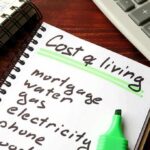 Budget notebook with cost of living list, calculator, and cash
